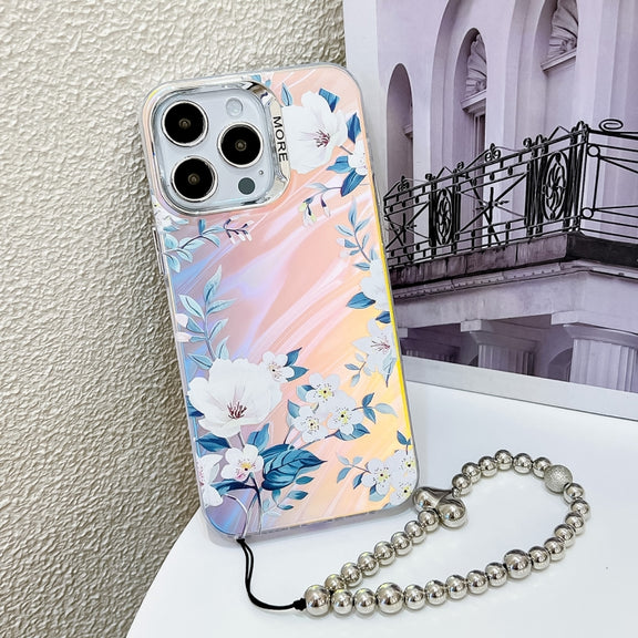 For iPhone 16 Pro Electroplating Laser Flower Phone Case with Wrist Strap(White Flower AH10)