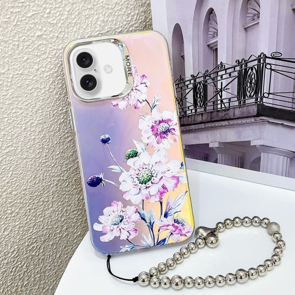 For iPhone 16 Plus Electroplating Laser Flower Phone Case with Wrist Strap(Zinnia AH9)