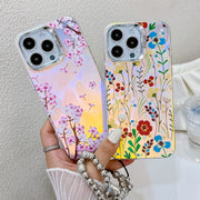 For iPhone 16 Pro Electroplating Laser Flower Phone Case with Wrist Strap(White Flower AH10)