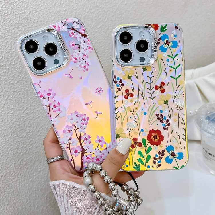 For iPhone 16 Electroplating Laser Flower Phone Case with Wrist Strap(Myosotis AH2)