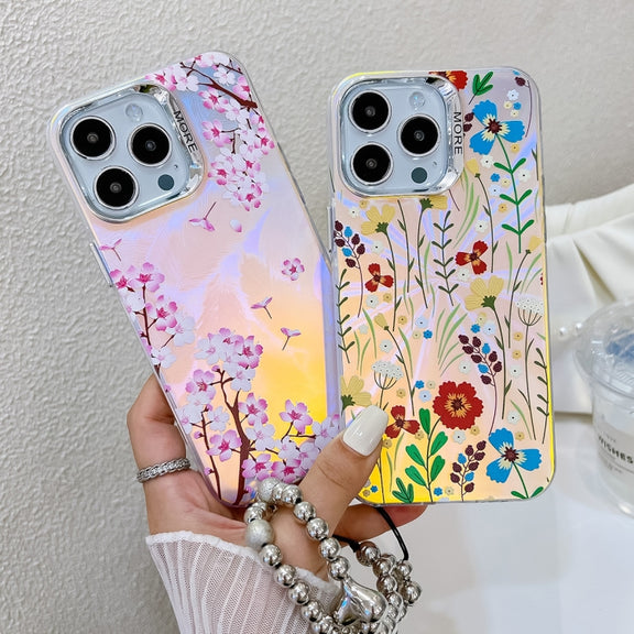 For iPhone 16 Electroplating Laser Flower Phone Case with Wrist Strap(Zinnia AH9)