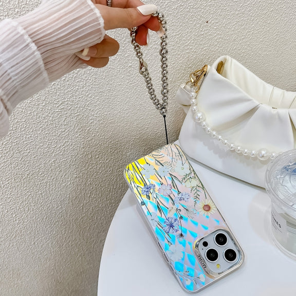 For iPhone 16 Electroplating Laser Flower Phone Case with Wrist Strap(Peach Blossom AH4)