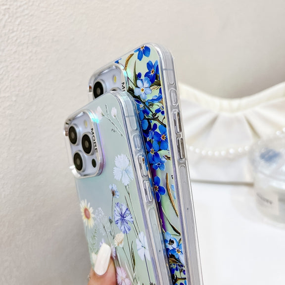 For iPhone 16 Electroplating Laser Flower Phone Case with Wrist Strap(Rose AH15)