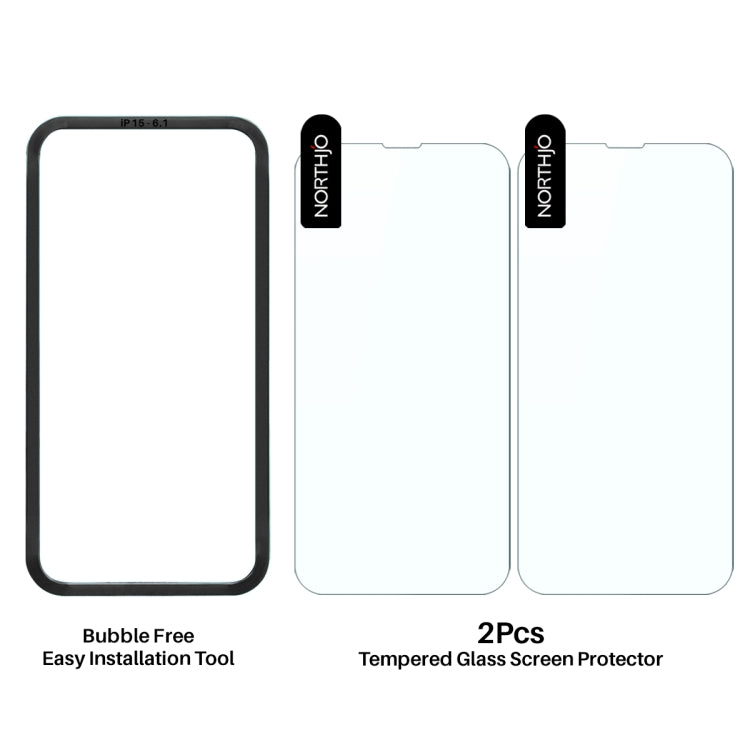 For iPhone 15 NORTHJO 2pcs A++ Screen Protector Tempered Glass Film with Installation Frame