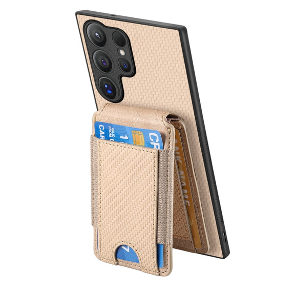 For Samsung Galaxy S24 Ultra 5G Carbon Fiber Vertical Flip Wallet Stand Phone Case(Khaki)