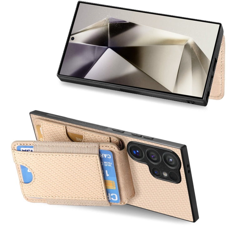 For Samsung Galaxy S24 Ultra 5G Carbon Fiber Vertical Flip Wallet Stand Phone Case(Khaki)