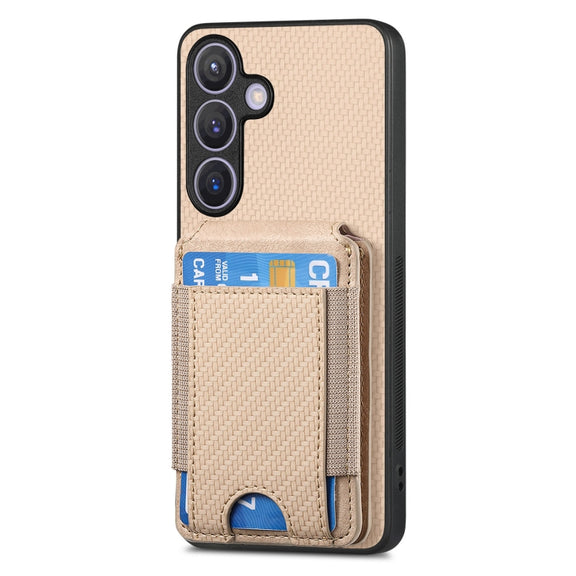 For Samsung Galaxy S24+ 5G Carbon Fiber Vertical Flip Wallet Stand Phone Case(Khaki)
