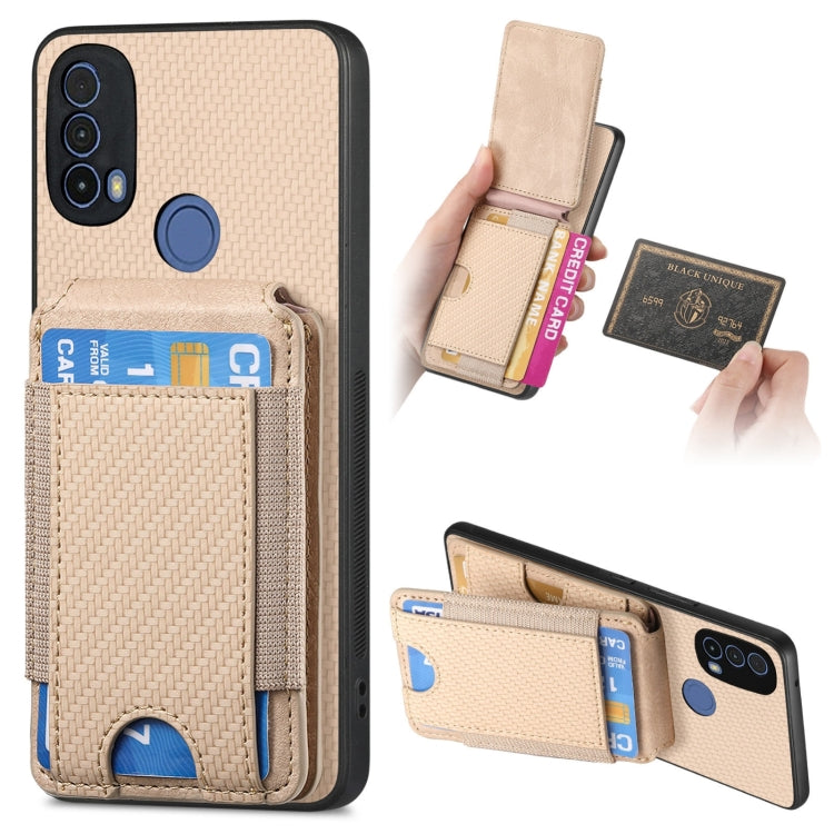 For Motorola Moto E40 Carbon Fiber Vertical Flip Wallet Stand Phone Case(Khaki) - Motorola Cases by PMC TechLife | Online Shopping South Africa | PMC TechLife | Buy Now Pay Later Mobicred