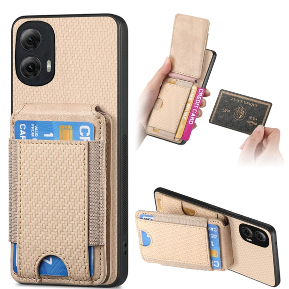 For Motorola Moto G Power 2024 5G Carbon Fiber Vertical Flip Wallet Stand Phone Case(Khaki)