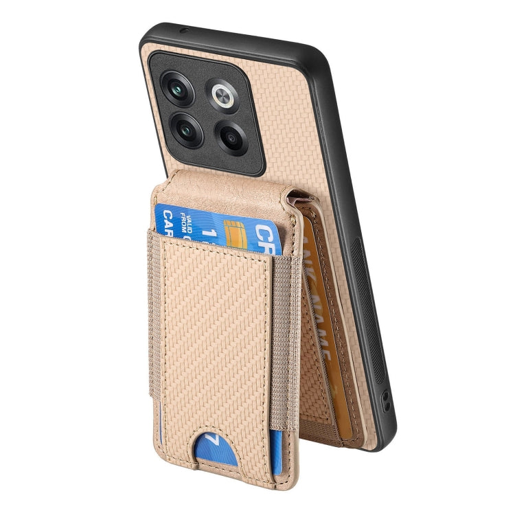 For OnePlus 12 5G Carbon Fiber Vertical Flip Wallet Stand Phone Case(Khaki)