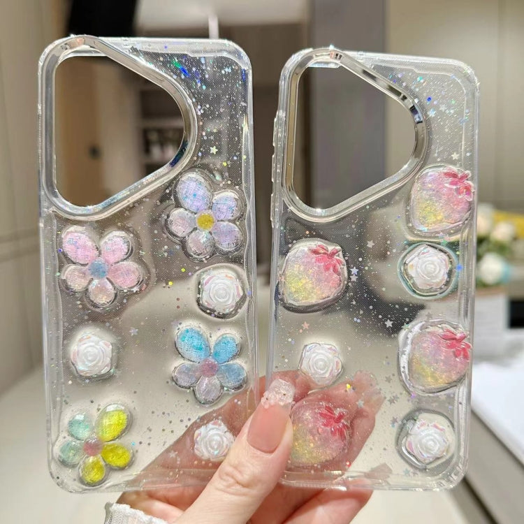 For Huawei Pura 70 Pro Electroplated Frame 3D Strawberry Flower  TPU Phone Case(Colorful Flowers)