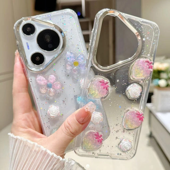 For Huawei Pura 70 Pro Electroplated Frame 3D Strawberry Flower  TPU Phone Case(Colorful Flowers)