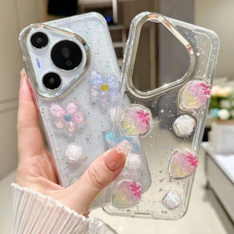 For Huawei Pura 70 Pro Electroplated Frame 3D Strawberry Flower  TPU Phone Case(Colorful Flowers)