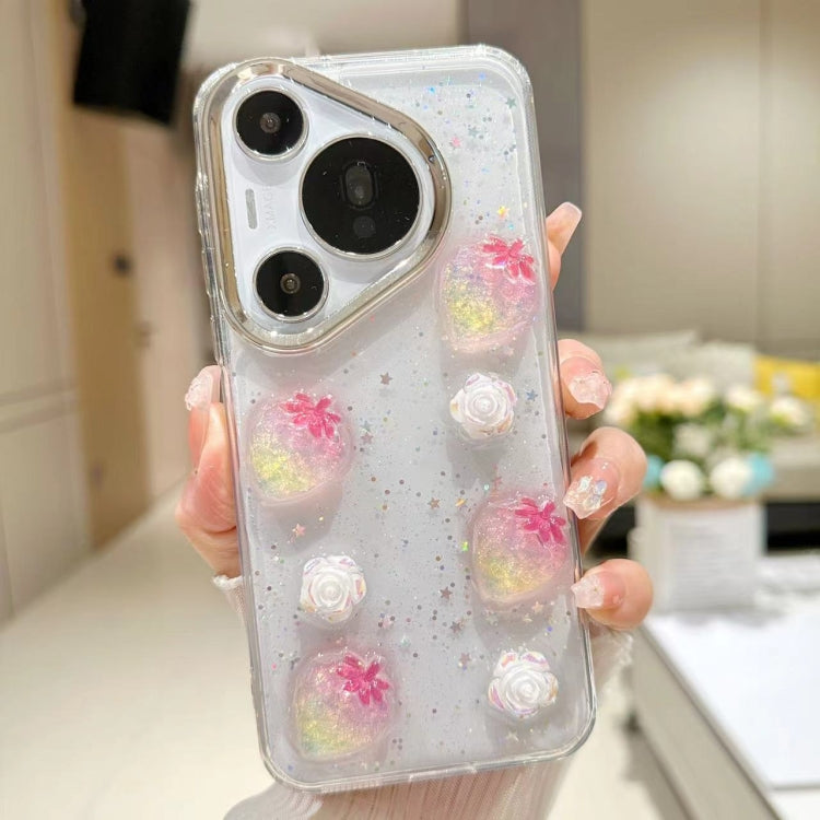 For Huawei Pura 70 Pro Electroplated Frame 3D Strawberry Flower  TPU Phone Case(Colorful Flowers)