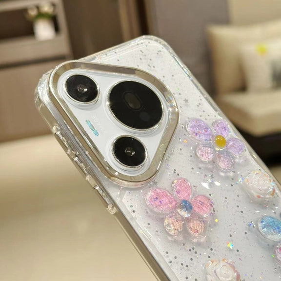 For Huawei Pura 70 Pro Electroplated Frame 3D Strawberry Flower  TPU Phone Case(Colorful Flowers)