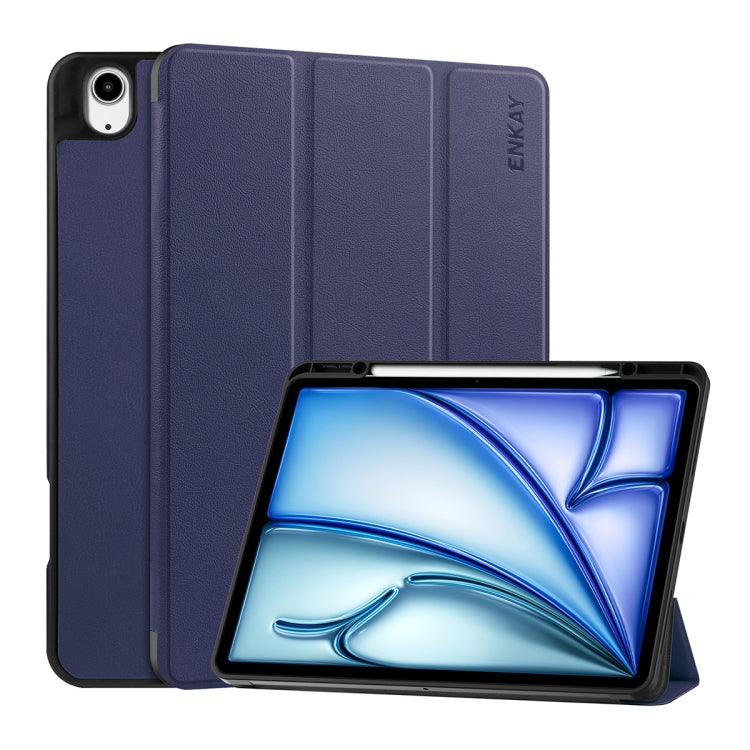 For iPad Air 13 2024 ENKAY Tri-fold Custer Texture TPU Leather Smart Tablet Case with Pen Slot(Dark Blue) - free shipping - PMC TechLife - Order now!