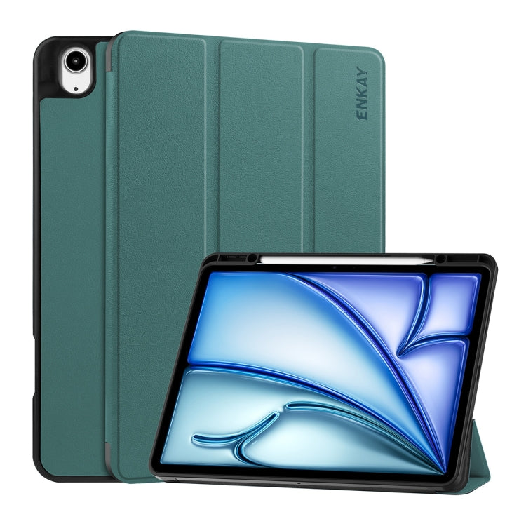 For iPad Air 13 2024 ENKAY Tri-fold Custer Texture TPU Leather Smart Tablet Case with Pen Slot(Dark Green) - iPad Air 13 2024 Cases by ENKAY | Online Shopping South Africa | PMC TechLife | Buy Now Pay Later Mobicred