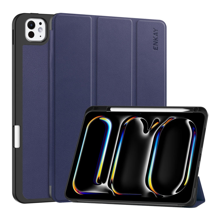 For iPad Pro 13 2024 ENKAY Tri-fold Custer Texture TPU Leather Smart Tablet Case with Pen Slot(Dark Blue) - iPad Pro 13 2024 Cases by ENKAY | Online Shopping South Africa | PMC TechLife | Buy Now Pay Later Mobicred