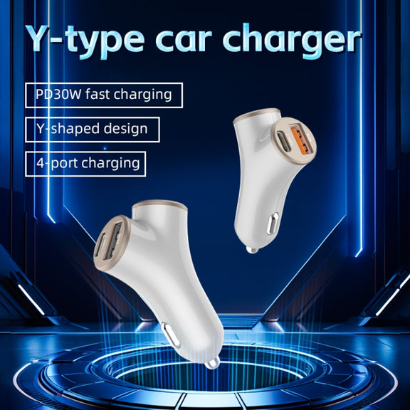 A2 2 USB + 2 Type-C Phone Fast Charging Power Adapter 78W Y-Shaped Car Charger(Silver)