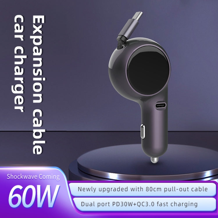 K2 With 60W Type-C Retractable Cable Type-C Port Phone Fast Charging Adapter Car Charger - Car Charger by PMC TechLife | Online Shopping South Africa | PMC TechLife | Buy Now Pay Later Mobicred