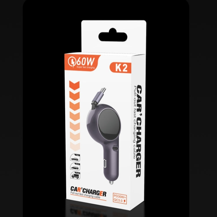 K2 With 60W Type-C Retractable Cable Type-C Port Phone Fast Charging Adapter Car Charger - Car Charger by PMC TechLife | Online Shopping South Africa | PMC TechLife | Buy Now Pay Later Mobicred