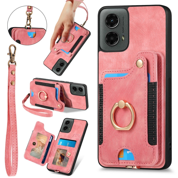 For Motorola Moto G 2024 Retro Skin-feel Ring Multi-card RFID Wallet Phone Case(Pink) - Motorola Cases by PMC Jewellery | Online Shopping South Africa | PMC Jewellery | Buy Now Pay Later Mobicred