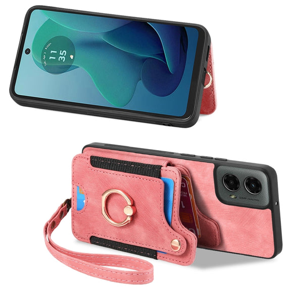 For Motorola Moto G 2024 Retro Skin-feel Ring Multi-card RFID Wallet Phone Case(Pink)
