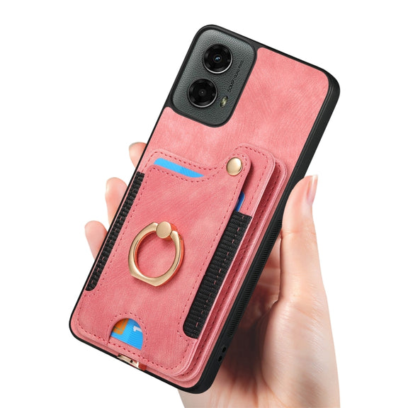 For Motorola Moto G 2024 Retro Skin-feel Ring Multi-card RFID Wallet Phone Case(Pink)