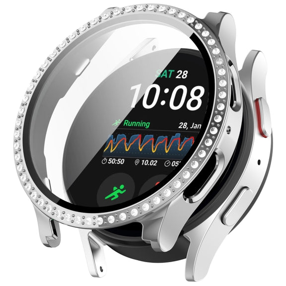 For Samsung Galaxy Watch 7 44mm Single Row Diamond PC + Tempered Film Integrated Watch Protective Case(Silver)