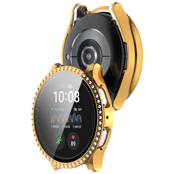 For Samsung Galaxy Watch 7 44mm Single Row Diamond PC + Tempered Film Integrated Watch Protective Case(Gold)