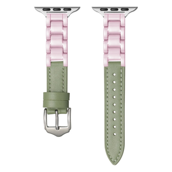 For Apple Watch Series 7 45mm Ceramic Color Buckle Contrast Leather Watch Band(Mint Green+Pink+Silver Buckle)