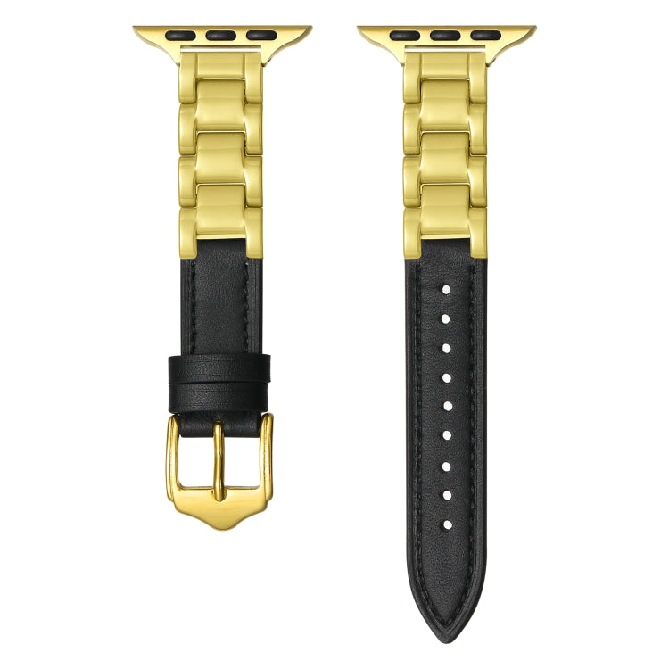 For Apple Watch Series 7 45mm Ceramic Color Buckle Contrast Leather Watch Band(Black+Gold+Gold Buckle) - free shipping - PMC TechLife - Order now!