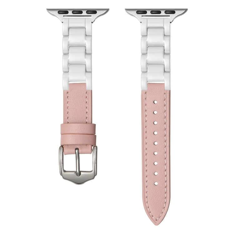 For Apple Watch SE 2022 44mm Ceramic Color Buckle Contrast Leather Watch Band(Light Pink+White+Silver Buckle) - Watch Bands by PMC TechLife | Online Shopping South Africa | PMC TechLife | Buy Now Pay Later Mobicred