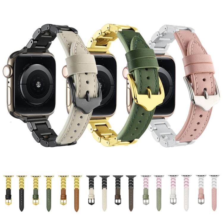 For Apple Watch SE 2023 44mm Ceramic Color Buckle Contrast Leather Watch Band(Light Pink+White+Silver Buckle)