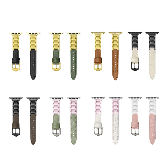 For Apple Watch Series 5 44mm Ceramic Color Buckle Contrast Leather Watch Band(Light Pink+White+Silver Buckle)