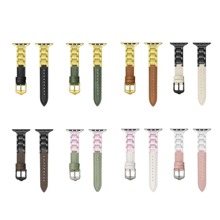 For Apple Watch SE 2022 44mm Ceramic Color Buckle Contrast Leather Watch Band(Light Pink+White+Silver Buckle)