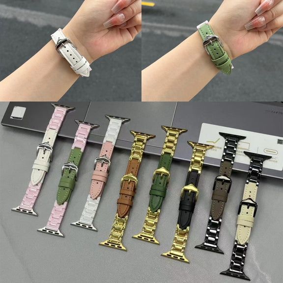 For Apple Watch Ultra 49mm Ceramic Color Buckle Contrast Leather Watch Band(Taupe+Black+Black Buckle)