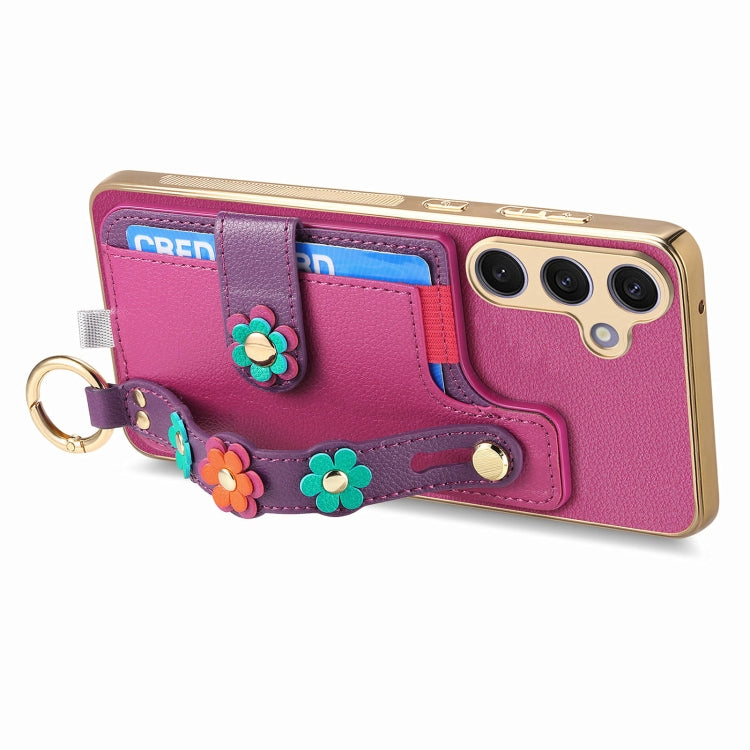 For Samsung Galaxy S24+ 5G Stereoscopic Flowers Wristband Card Bag Phone Case(Purple)