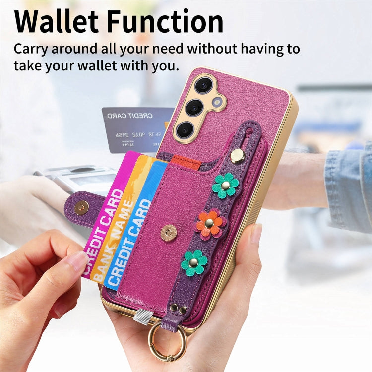 For Samsung Galaxy S24+ 5G Stereoscopic Flowers Wristband Card Bag Phone Case(Purple)