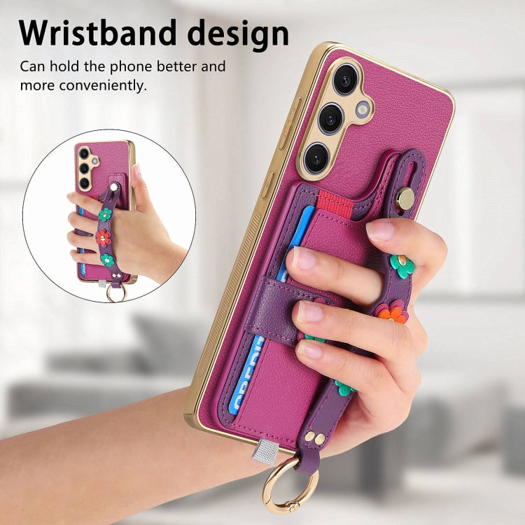 For Samsung Galaxy S24+ 5G Stereoscopic Flowers Wristband Card Bag Phone Case(Purple)