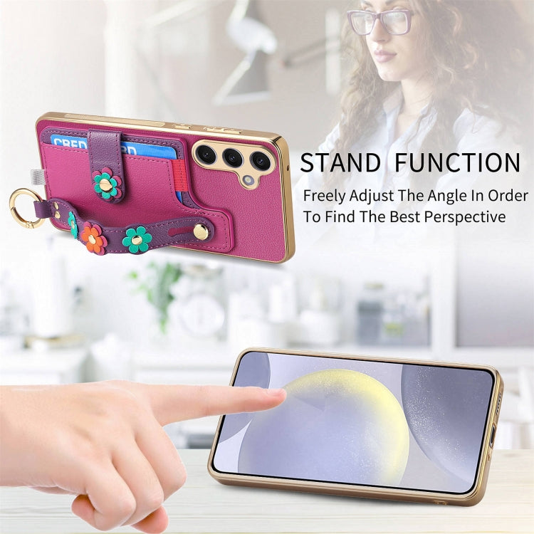 For Samsung Galaxy S24+ 5G Stereoscopic Flowers Wristband Card Bag Phone Case(Purple)