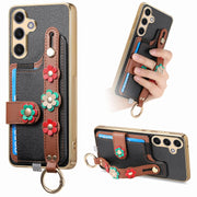 For Samsung Galaxy S24+ 5G Stereoscopic Flowers Wristband Card Bag Phone Case(Black)
