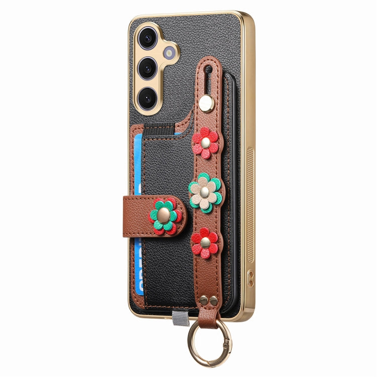 For Samsung Galaxy S24+ 5G Stereoscopic Flowers Wristband Card Bag Phone Case(Black)