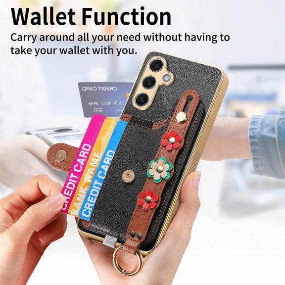 For Samsung Galaxy S24+ 5G Stereoscopic Flowers Wristband Card Bag Phone Case(Black)
