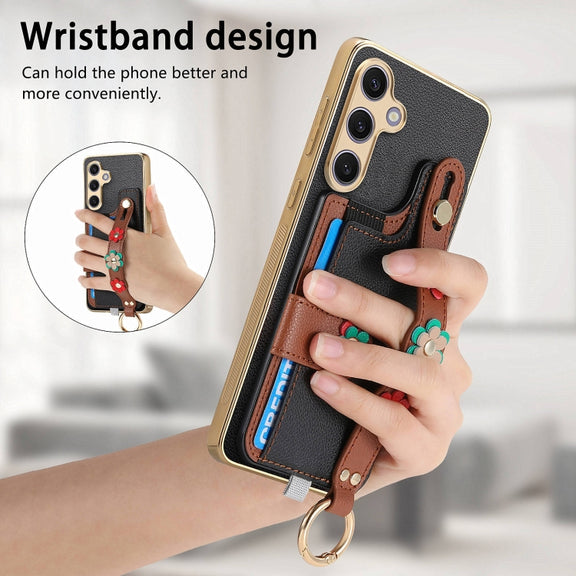 For Samsung Galaxy S24+ 5G Stereoscopic Flowers Wristband Card Bag Phone Case(Black)