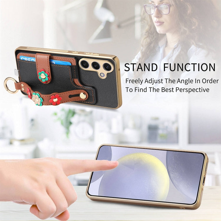 For Samsung Galaxy S24+ 5G Stereoscopic Flowers Wristband Card Bag Phone Case(Black)