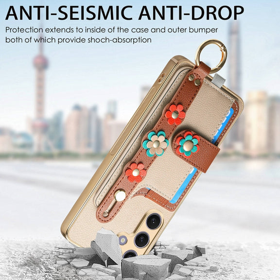 For Samsung Galaxy S24+ 5G Stereoscopic Flowers Wristband Card Bag Phone Case(Khaki)