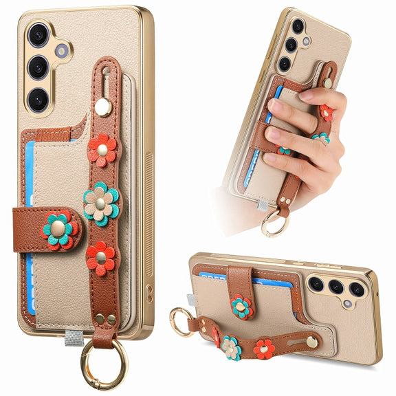 For Samsung Galaxy S24+ 5G Stereoscopic Flowers Wristband Card Bag Phone Case(Khaki)