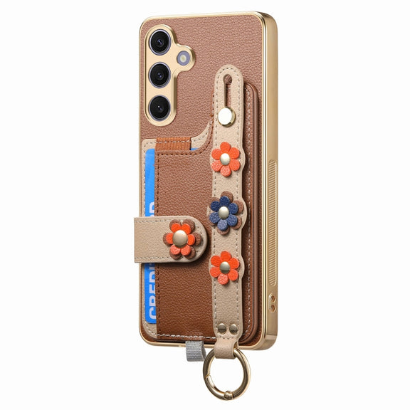 For Samsung Galaxy S24+ 5G Stereoscopic Flowers Wristband Card Bag Phone Case(Brown)