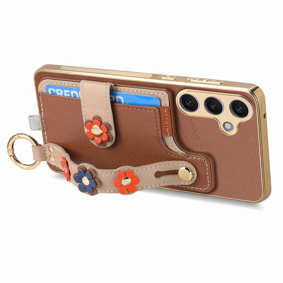 For Samsung Galaxy S24+ 5G Stereoscopic Flowers Wristband Card Bag Phone Case(Brown)